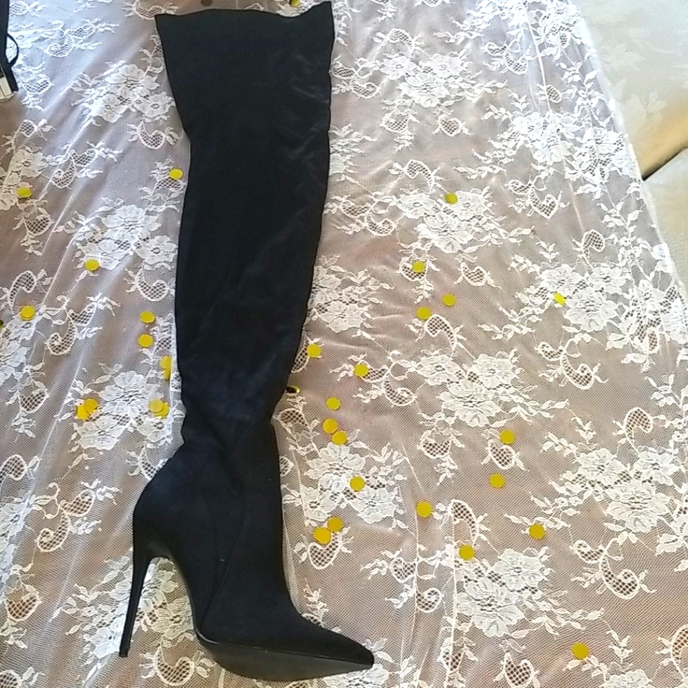 PrettyLittleThing thigh high suede black heel boot